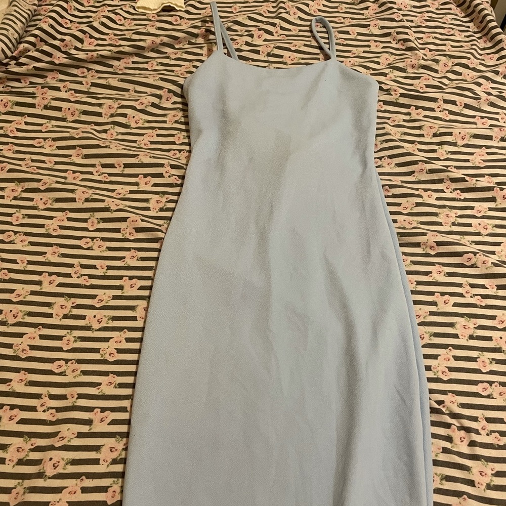 “Baby blue strappy midi dress”